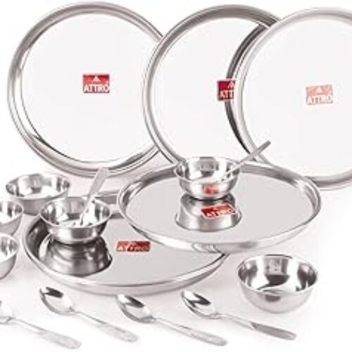 Stainless Steel Dinner Set of Thali, Bowl, Spoon, Food Grade Quality Kitchen Set Use for Home, Restaurants & Outdoor